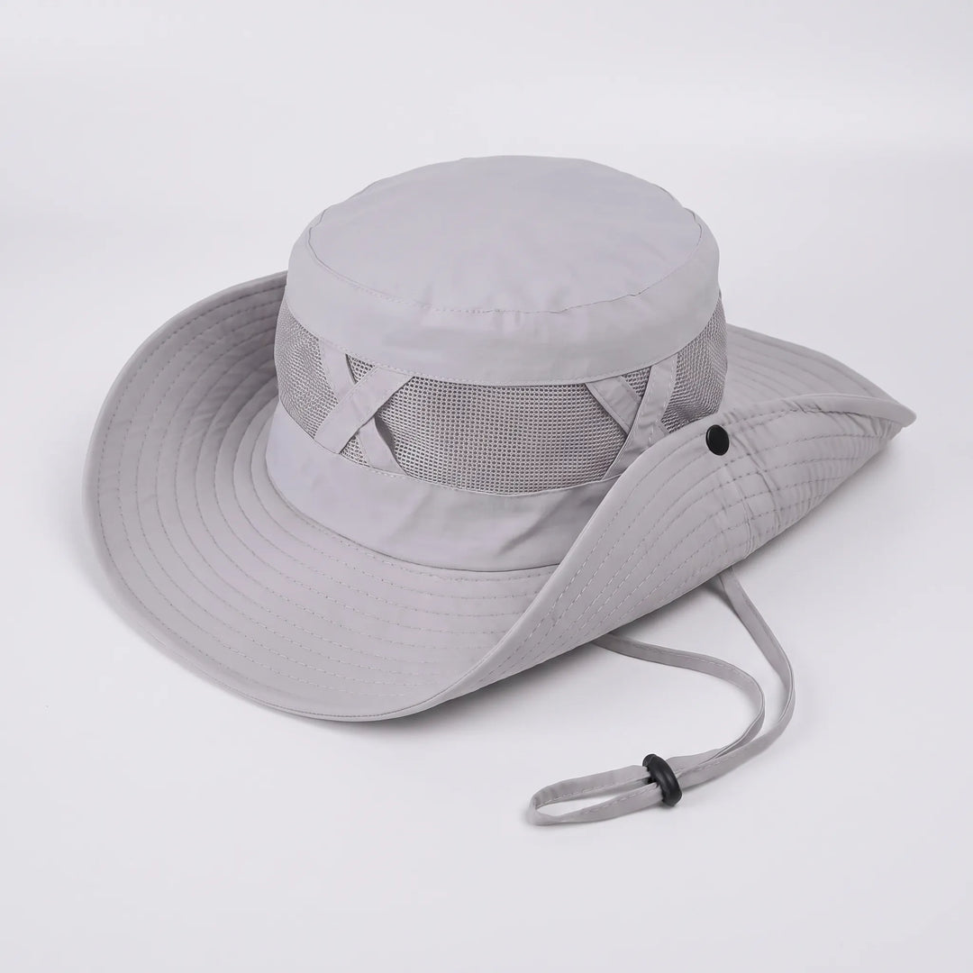 Stylish wide brim sun hat with breathable mesh & chin strap. Unisex design for fishing, hiking, beach trips.