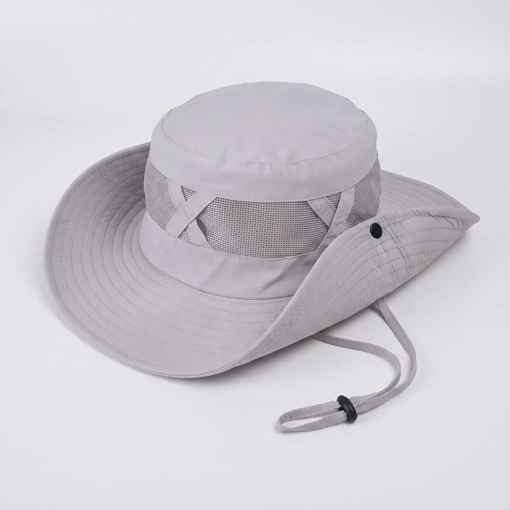 Stylish wide brim sun hat with breathable mesh & chin strap. Unisex design for fishing, hiking, beach trips.