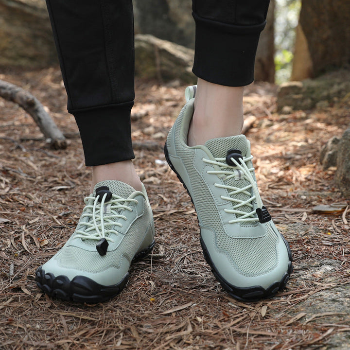 Natural movement hiking shoes, unisex wide toe box, orthopedic design, flexible zero-drop sole, breathable.