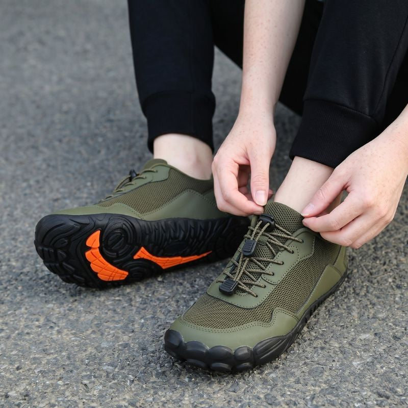 Unisex barefoot-inspired hiking shoes, wide toe box, orthopedic support for natural foot health on trails.