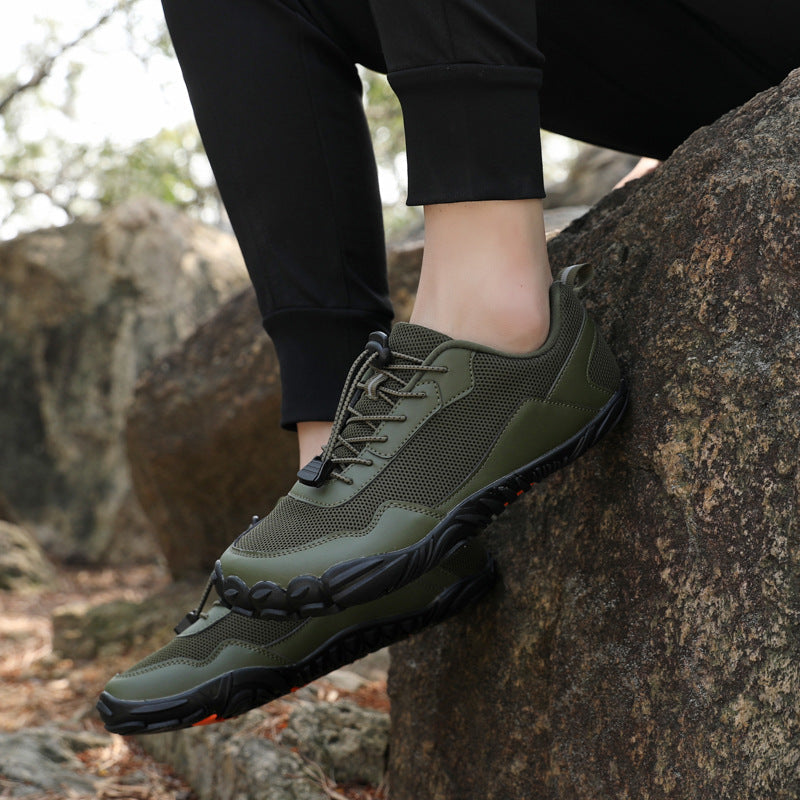 Breathable wide toe box hiking shoes, unisex, orthopedic for natural foot comfort & outdoor movement.