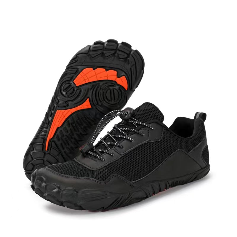 Breathable zero-drop hiking shoes, unisex wide toe box, flexible sole for natural foot movement on trails.