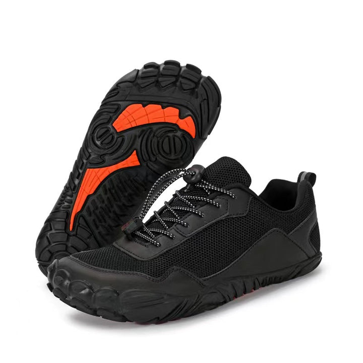 Breathable zero-drop hiking shoes, unisex wide toe box, flexible sole for natural foot movement on trails.