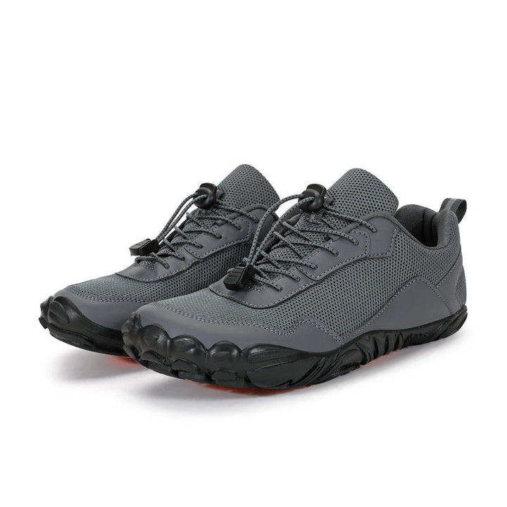 Flexible sole orthopedic hiking shoes, unisex wide toe box, breathable design for natural outdoor walking.