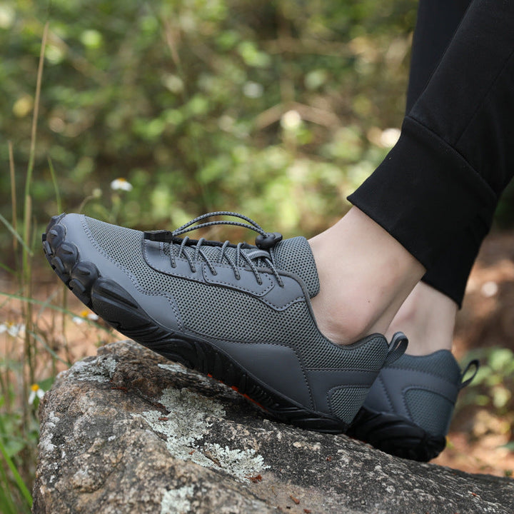 Durable unisex wide toe box hiking shoes, orthopedic design for natural foot health & outdoor adventure.