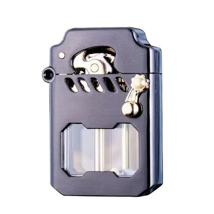 Mechanical outdoor lighter, windproof, showing precise internal gears. Perfect camping gear & fire starter.