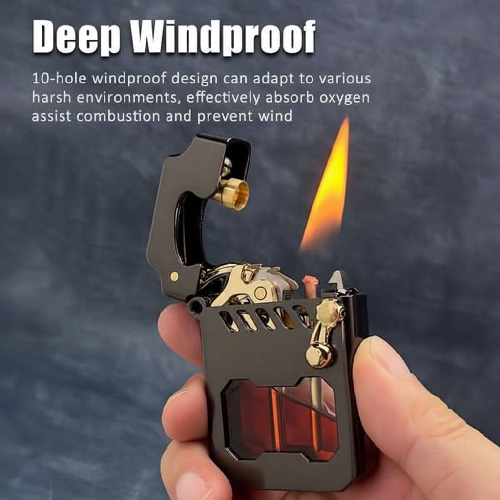 Compact windproof outdoor lighter, revealing its internal mechanical gear workings, ideal for camping.