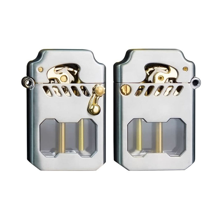 Modern unisex mechanical lighter with a transparent window showcasing its intricate gear system. Windproof.