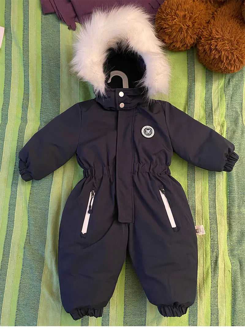 Unisex baby jumpsuit with attached hood, warm ski suit for toddlers, cozy winter romper