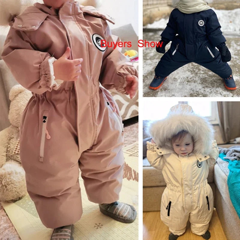 Unisex baby jumpsuit, warm winter suit for toddlers, hooded romper for snow play