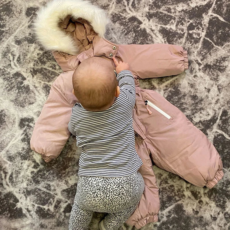 Infant outerwear, warm ski suit for baby, unisex winter jumpsuit, cozy snowsuit design