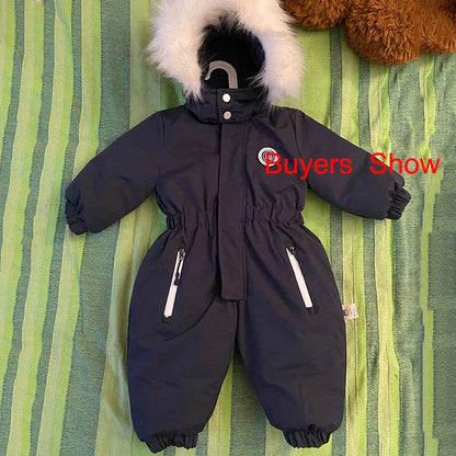 Red unisex winter baby jumpsuit, warm ski suit for toddlers, cozy hooded outerwear
