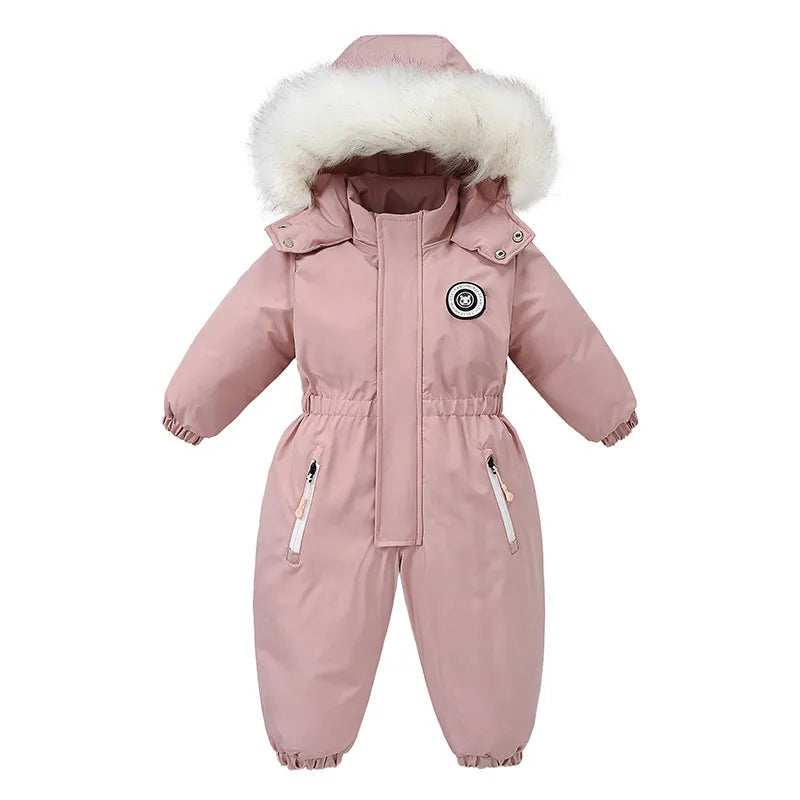 Pink winter baby jumpsuit, cozy infant outerwear, warm ski suit for toddlers