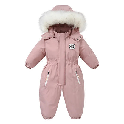 Pink winter baby jumpsuit, cozy infant outerwear, warm ski suit for toddlers