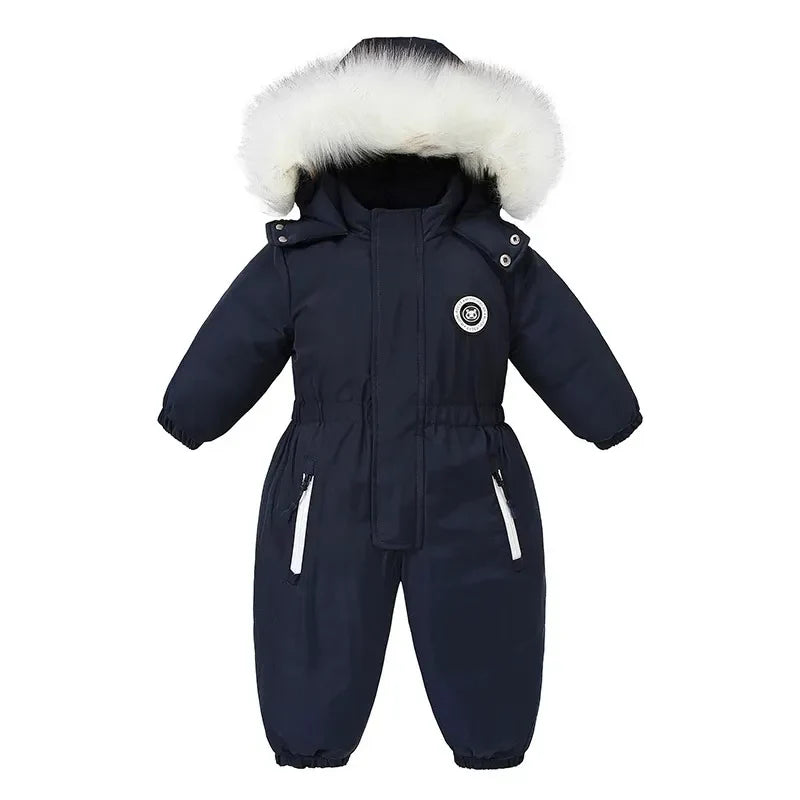 Yellow unisex baby jumpsuit, warm winter suit for toddlers, hooded romper for snow