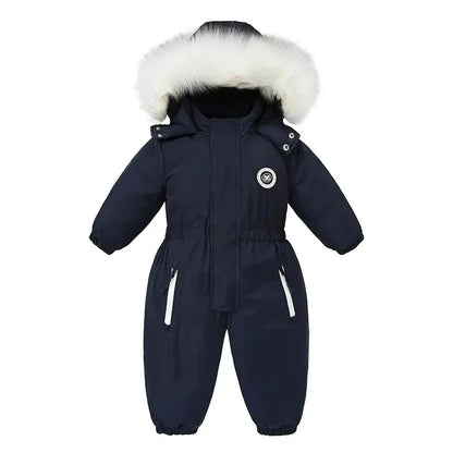 Yellow unisex baby jumpsuit, warm winter suit for toddlers, hooded romper for snow