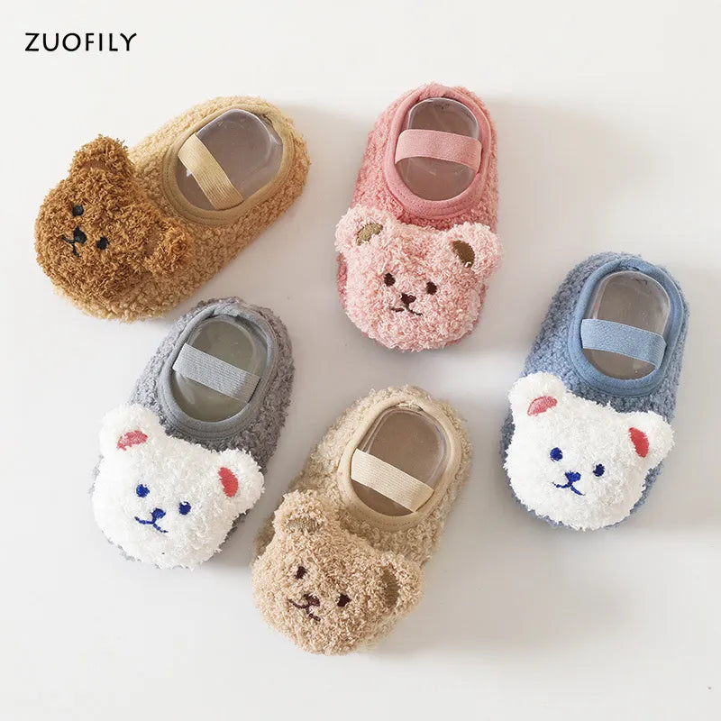 Close-up of soft cotton Winter Bear First Walker Shoes with anti-slip soles