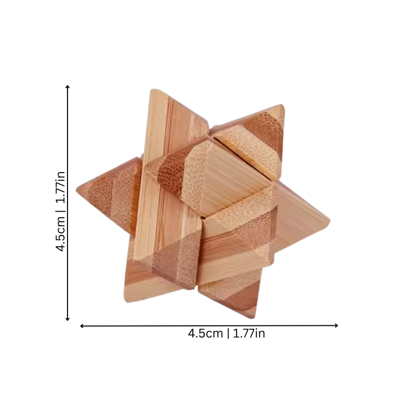 Wooden star-shaped brain teaser puzzle, an intricate 3D educational toy promoting concentration and patience.