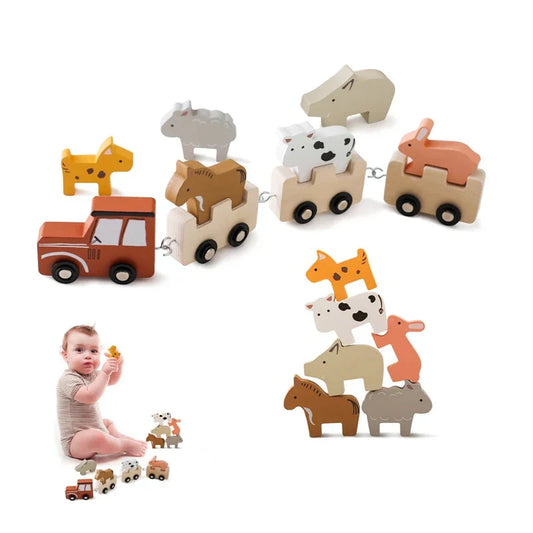 Unisex wooden animal farm train set with colorful blocks for toddler motor skills & learning