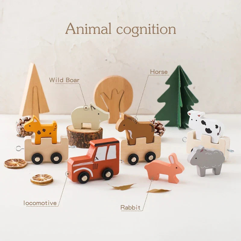 Toddler playing with wooden animal farm train, enhancing imagination & preschool learning