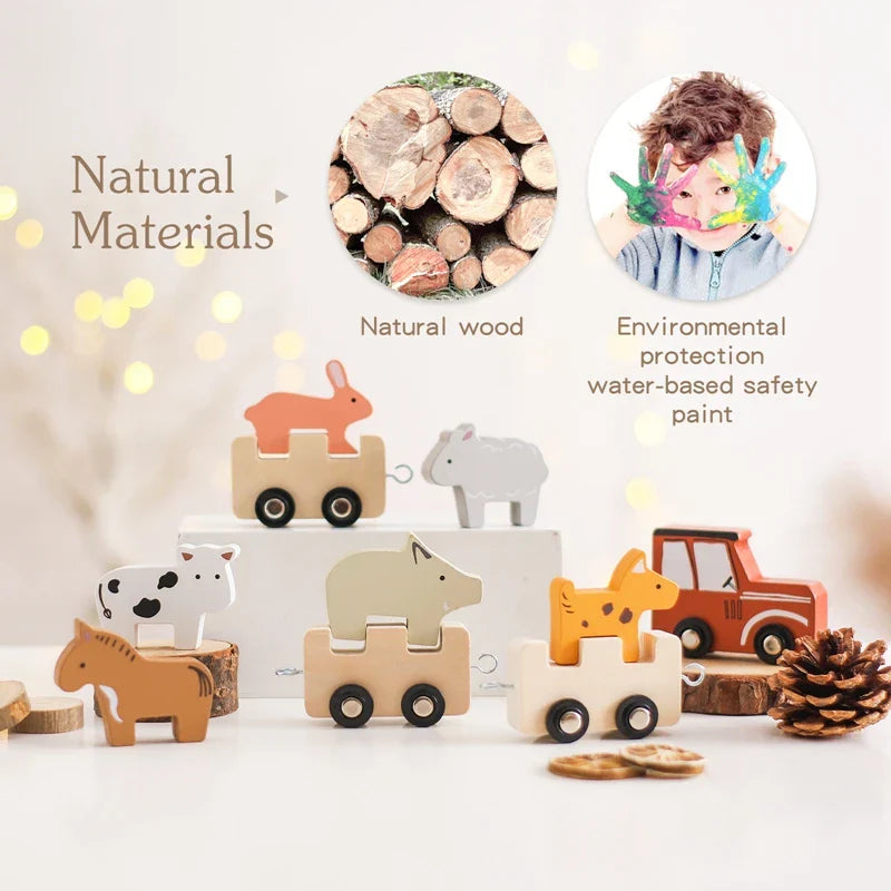 Brightly colored wooden animal train set, perfect gift for kids to develop fine motor skills