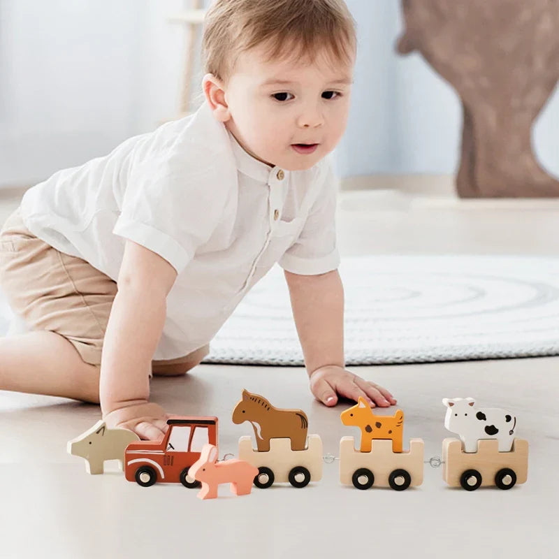 Kid-friendly wooden animal train toy, featuring farm animals, ideal for preschool aged children