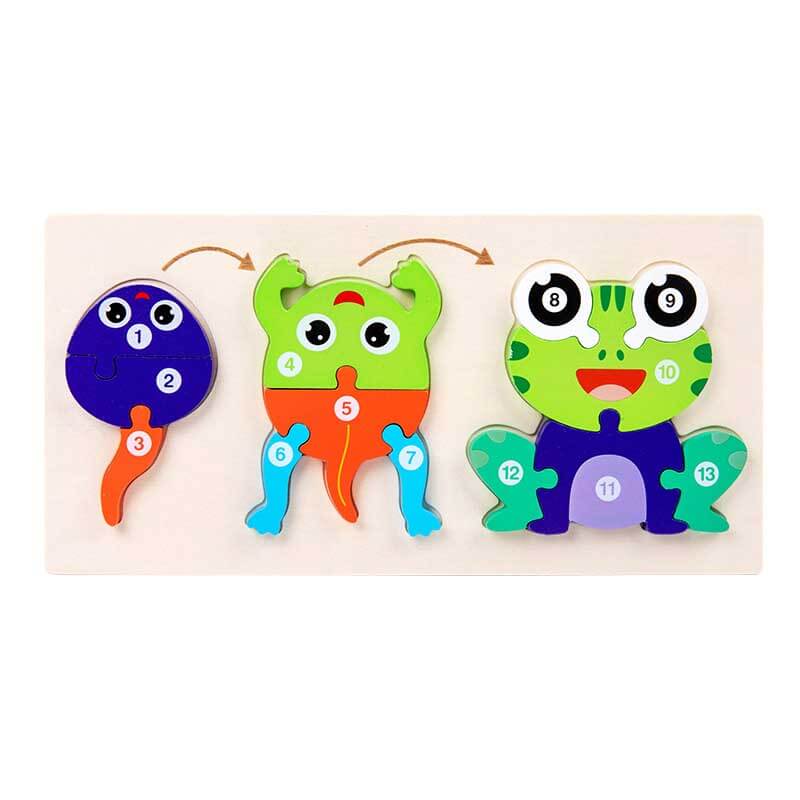 Wooden animal growth puzzle displayed, ideal educational toy for fine motor skills