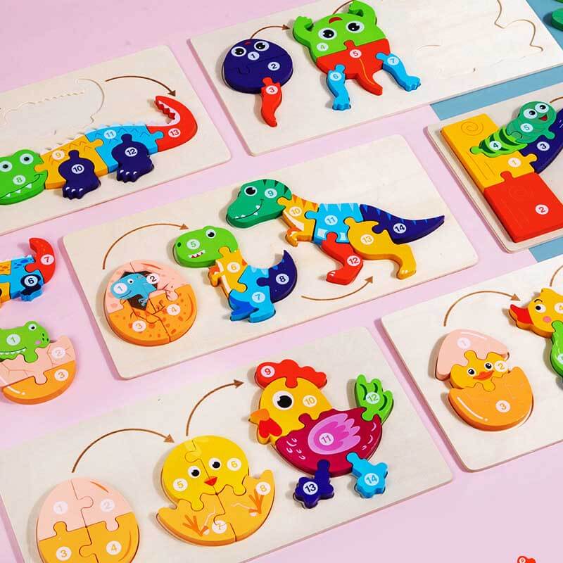 Toddler's wooden animal growth puzzle, educational toy to develop fine motor skills