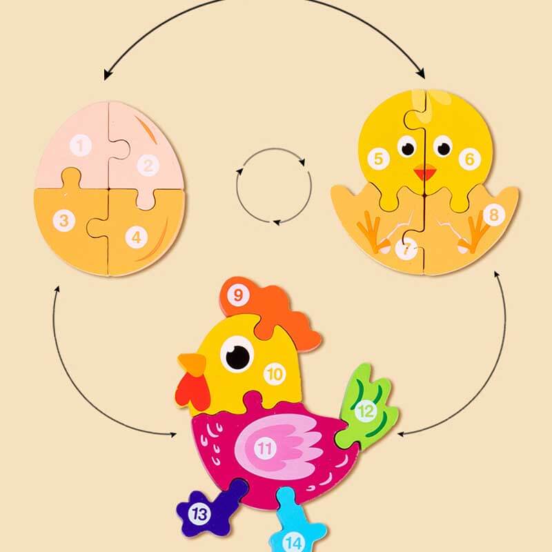 Close-up of a wooden animal growth puzzle piece, promoting kids learning