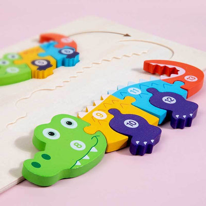 Set of different wooden animal growth puzzle pieces, educational and safe toy