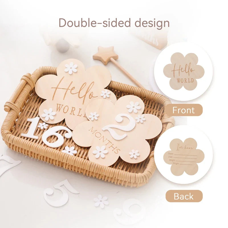 Set of natural wood baby monthly milestone cards, ideal for tracking baby's growth