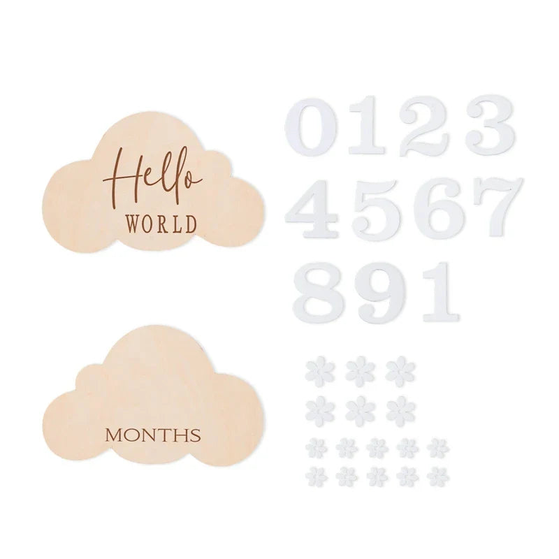 Full collection of wooden baby monthly milestone cards in a line, photography accessory