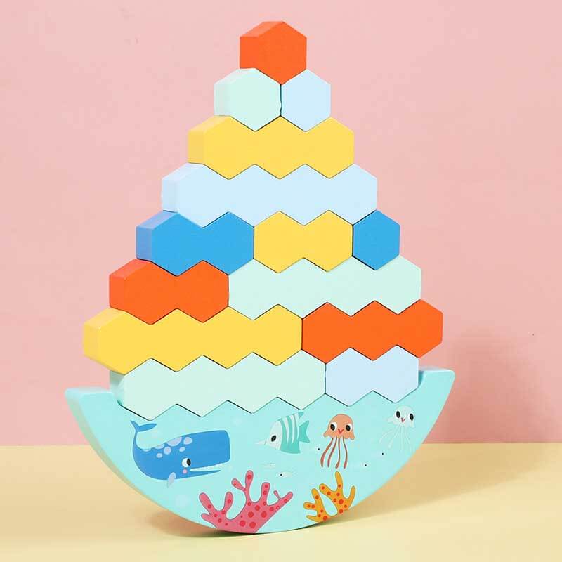 Kids balancing act: Colorful wooden stacking blocks toy, enhances creative play & motor skills