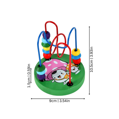 Toddler playing with a wooden bead maze, moving colorful beads on wires; educational sensory toy.
