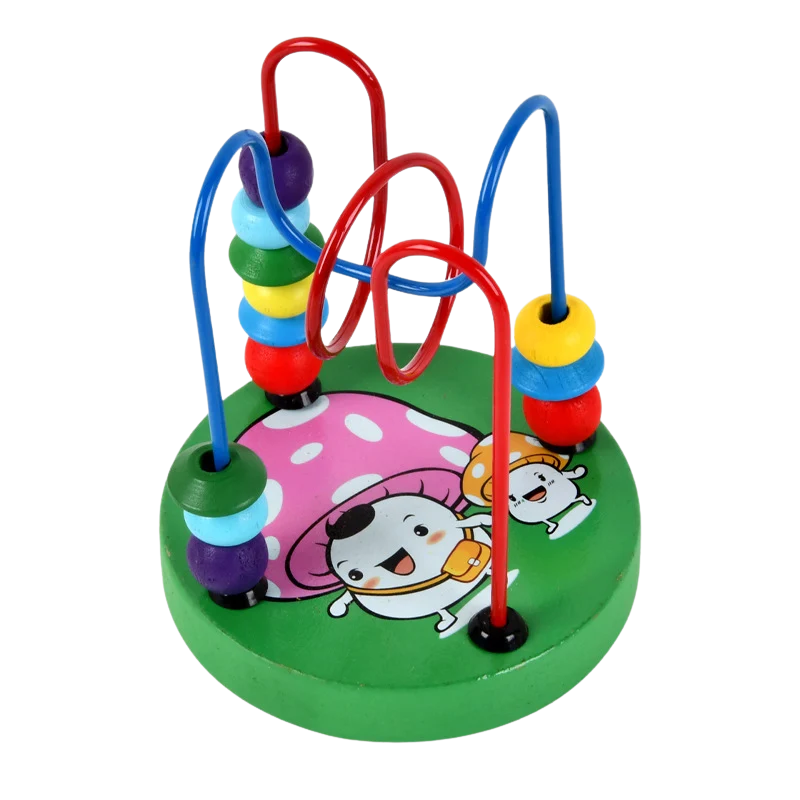 Close-up of a wooden bead maze, highlighting detailed craftsmanship and vibrant colored beads, learning toy.