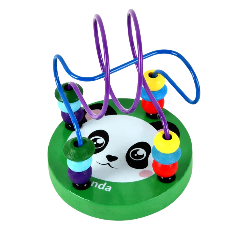 Child's hand guiding a red bead on a wooden bead maze, demonstrating hand-eye coordination activity.