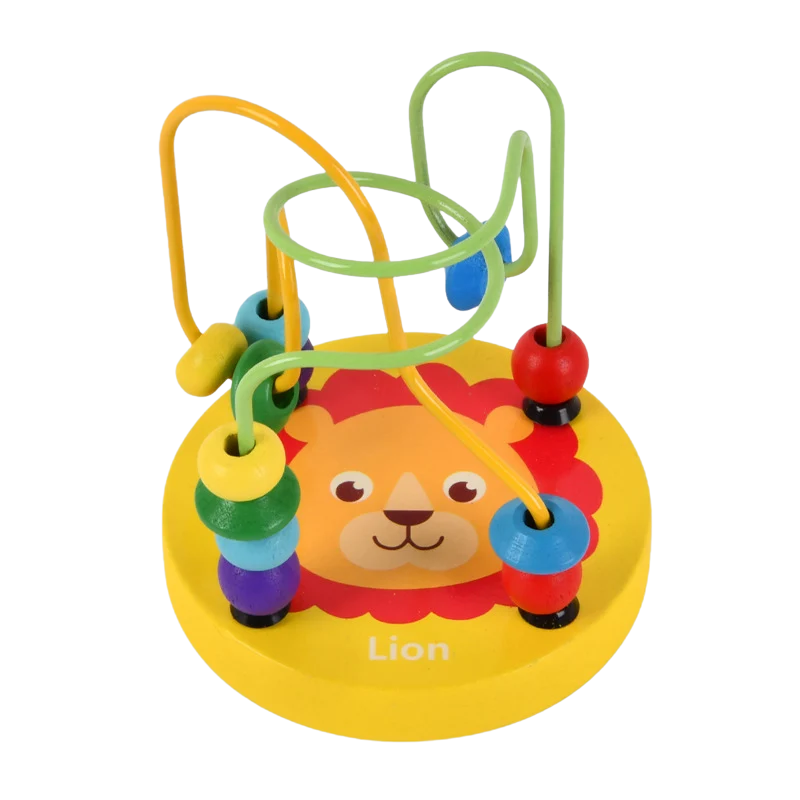 Group of wooden bead maze toys on a table, showcasing different designs for kids' fine motor skills.