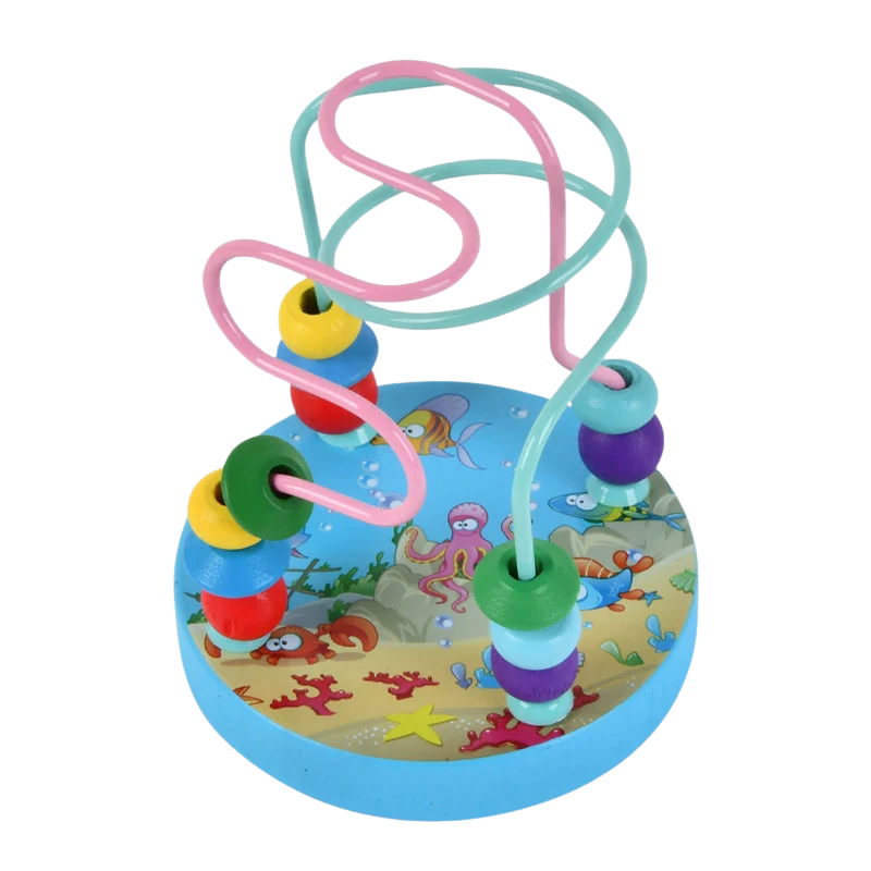 Preschooler focused on a sensory wooden bead maze, enhancing cognitive and hand-eye coordination.
