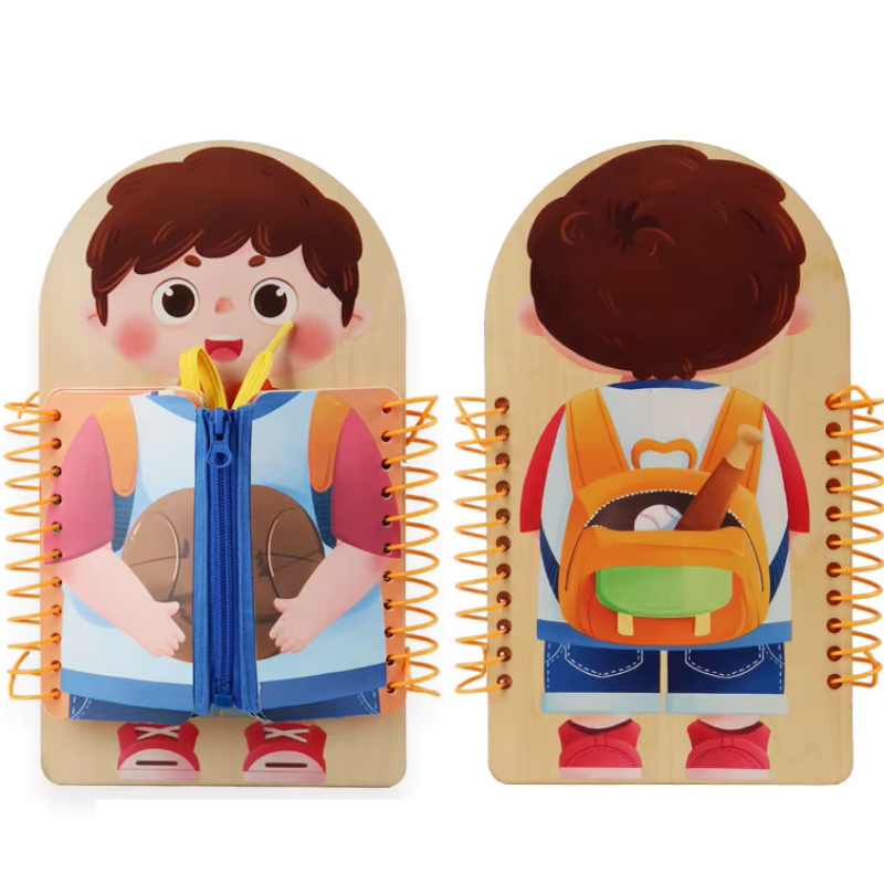 Close-up of a Wooden Busy Board for toddlers, highlighting intricate latches, gears, and sensory components.