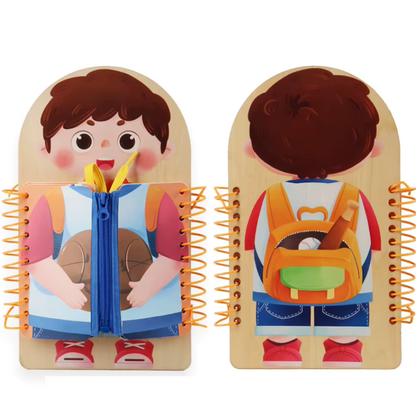 Close-up of a Wooden Busy Board for toddlers, highlighting intricate latches, gears, and sensory components.