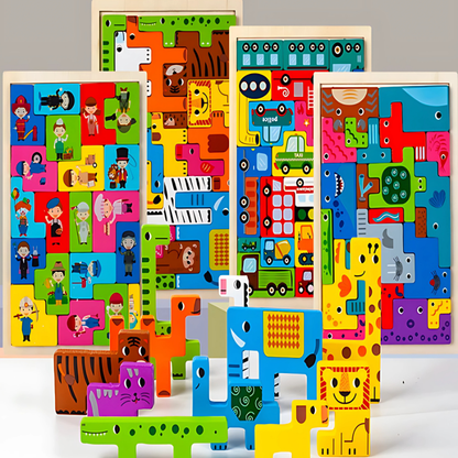 Unisex wooden educational puzzle for kids, colorful geometric shapes, learning toy