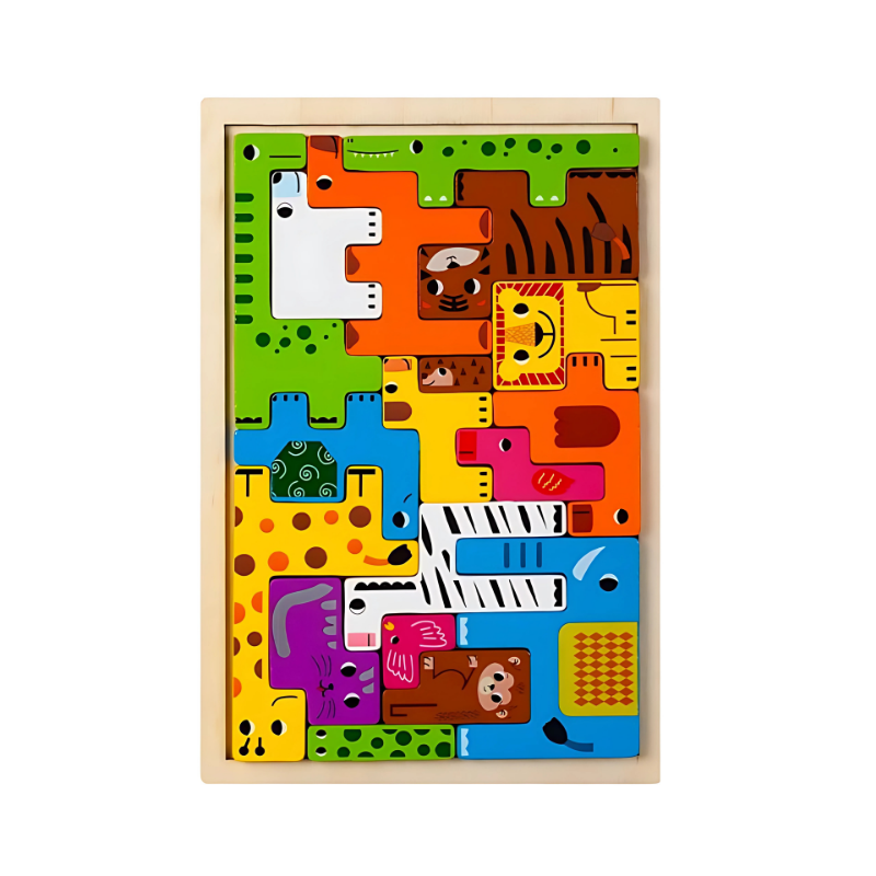 Close-up of a unisex wooden educational puzzle, vibrant colors, child-safe design