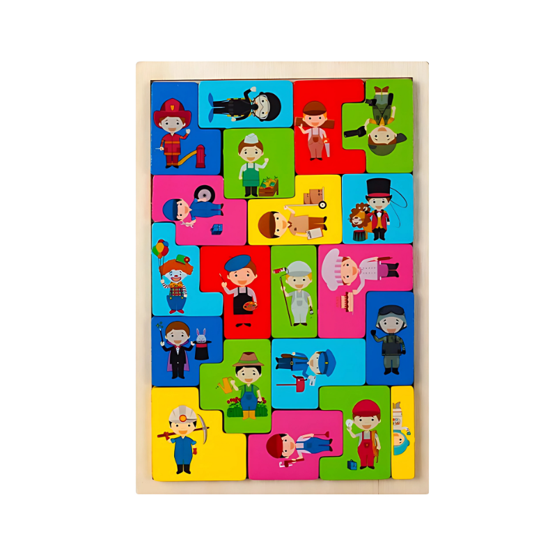 Parents and child assembling a unisex wooden educational puzzle, family learning activity