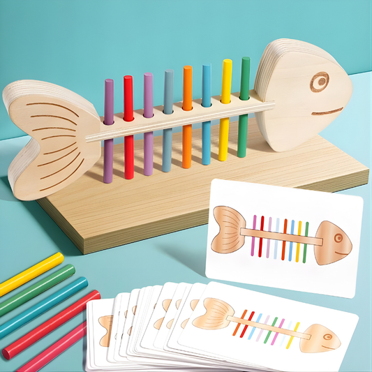 Unisex wooden fishbone color sorting puzzle toy for kids, teaching fine motor skills & cognitive abilities.