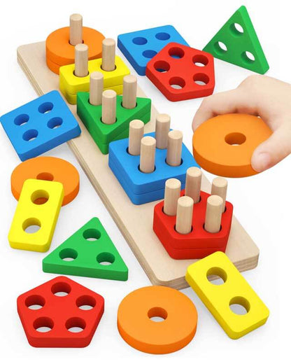 Unisex wooden geometric stacking & sorting board toy with colorful shapes for toddlers