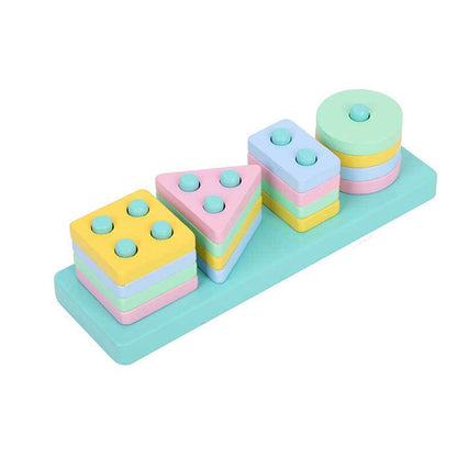 Wooden stacking geometric shapes on a sorting board for preschool activities