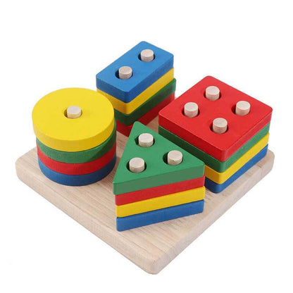 Early development wooden geometric stacking toy for shape and color recognition