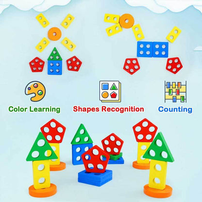 Colorful wooden stacking toy with various geometric shapes on a sorting board