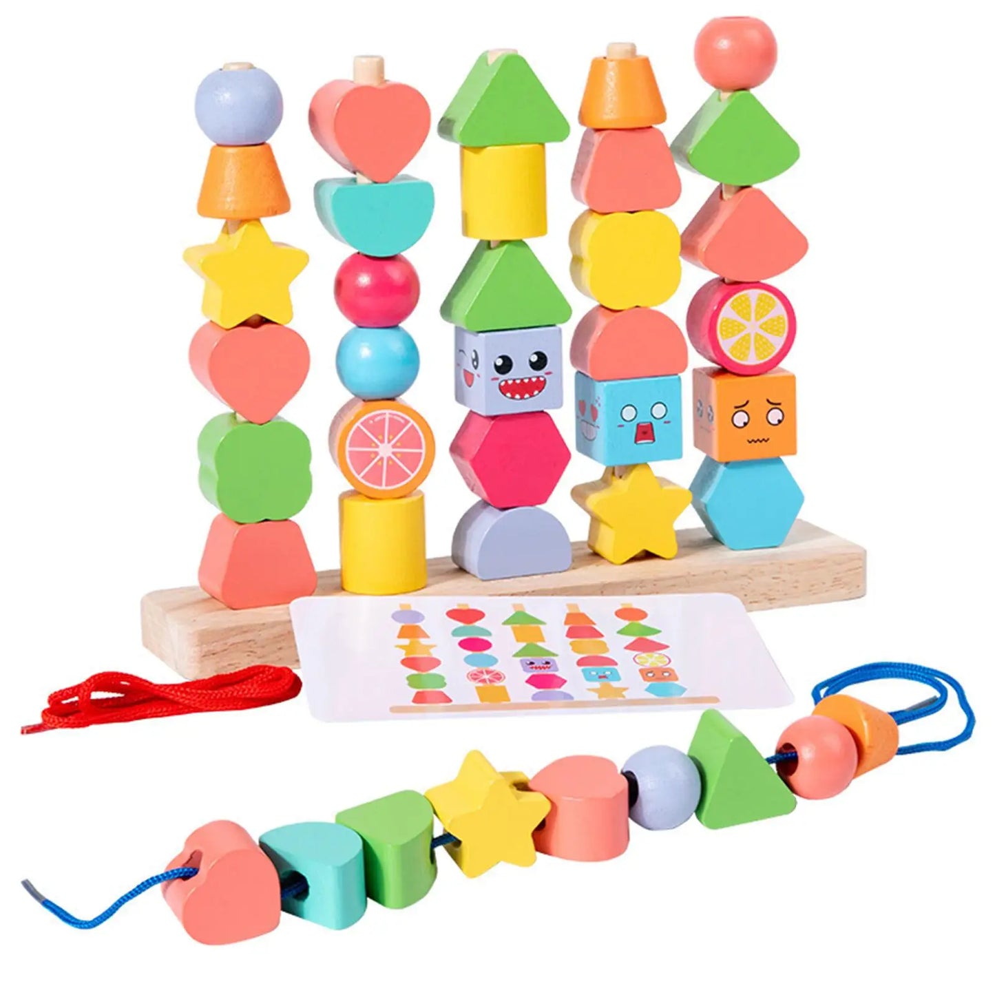 Unisex wooden learning blocks and beads set for toddlers, enhancing fine motor skills & shape recognition.