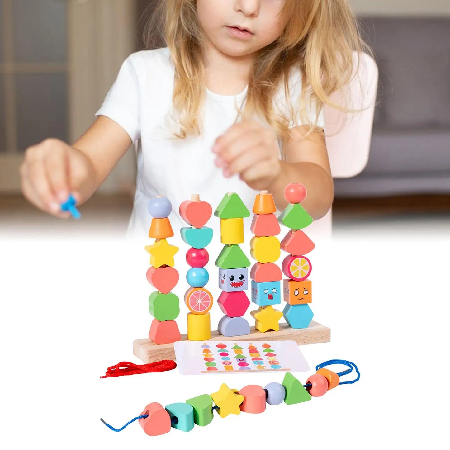Colorful wooden blocks and beads puzzle set, an educational game to develop spatial awareness in preschoolers.